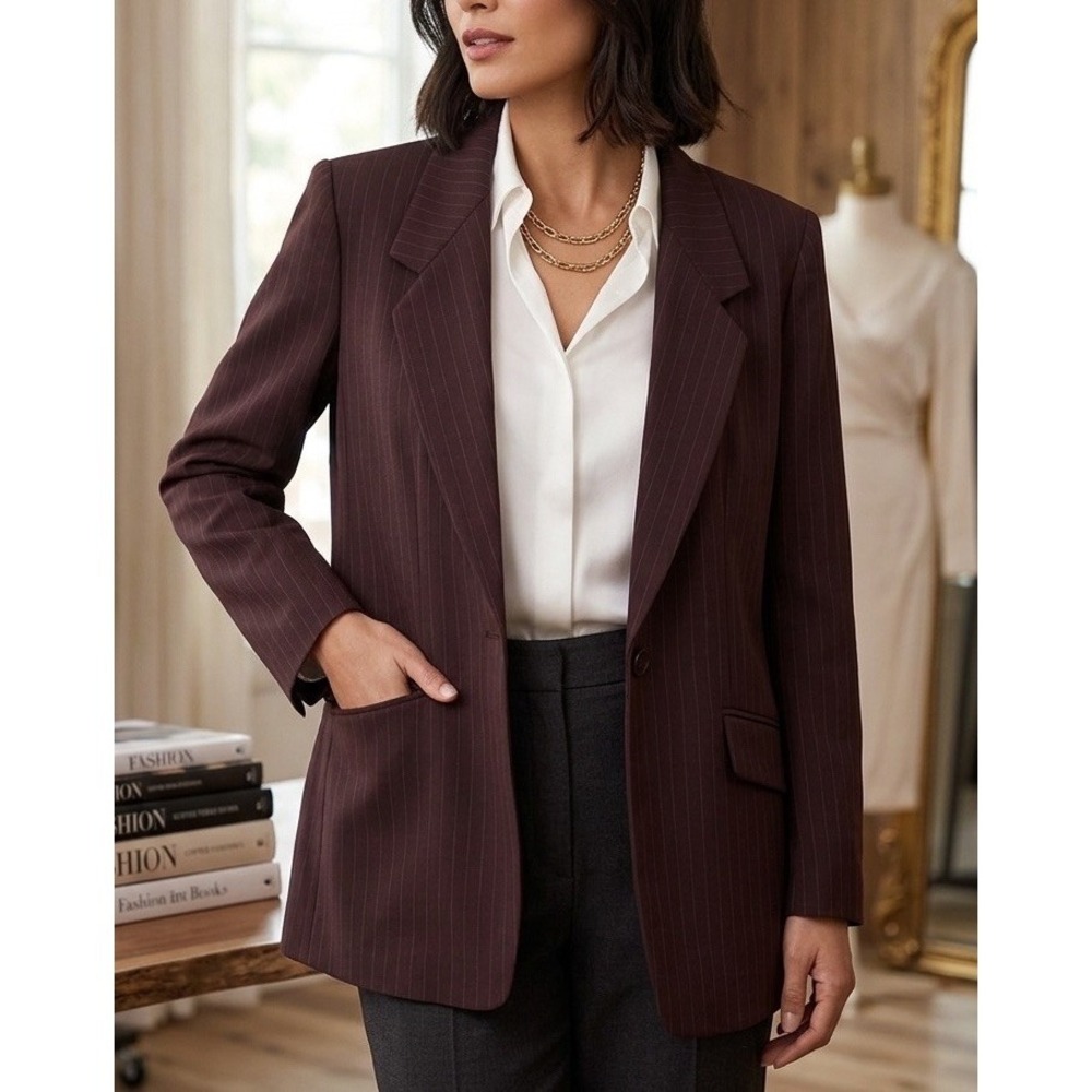 Vintage Kasper Brown Pinstripe Blazer Size 16 Oversized 90s Corporate Goth